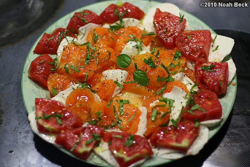 August 2, 2010: Caprese salad with fresh home-grown tomatoes