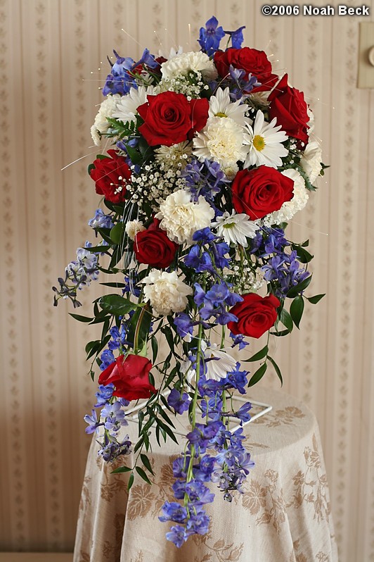 January 21, 2006: Cascade bouquet with Charlotte Roses, daisy poms, white carnations, baby&#39;s breath, and Belladonna Delphinium adorned with fiber optic lights
