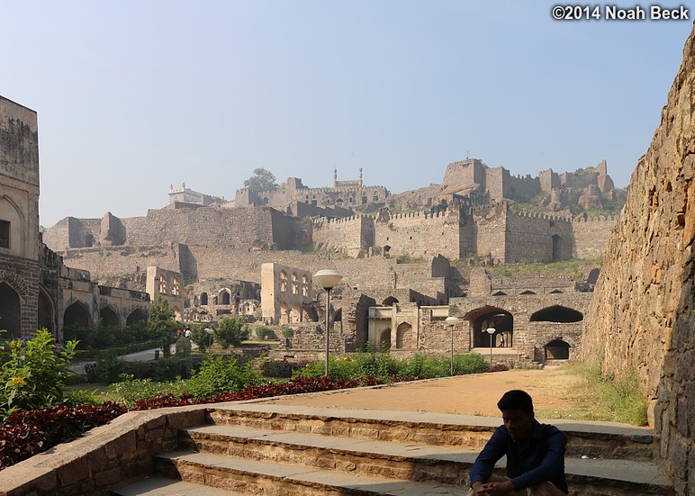 December 7, 2014: Looking up at Golconda Fort from just inside the entrance