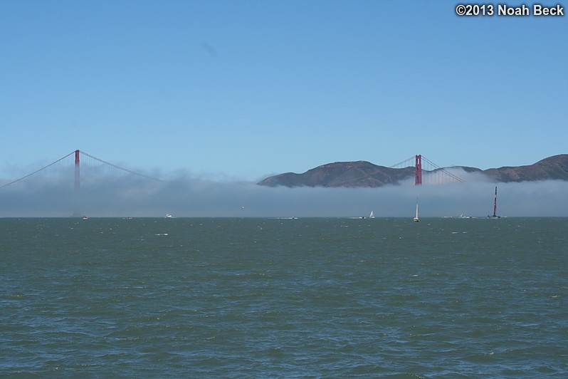 June 28, 2013: Golden Gate Bridge (in fog) seen from the pier at Aquatic Park