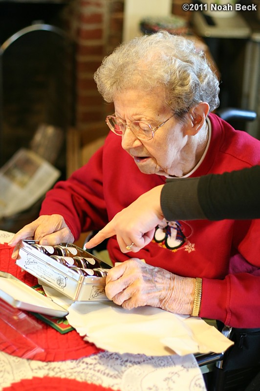 December 25, 2011: Grandma opening presents Christmas morning