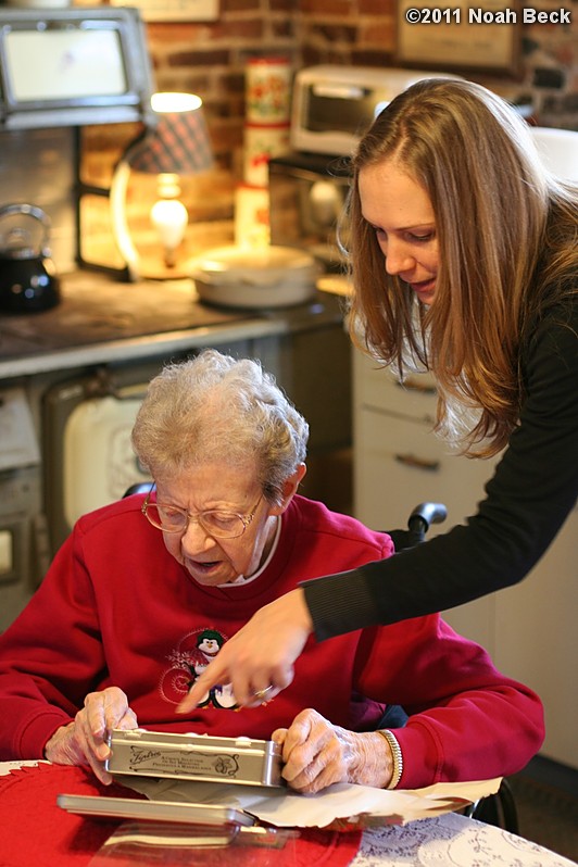 December 25, 2011: Grandma opening presents Christmas morning