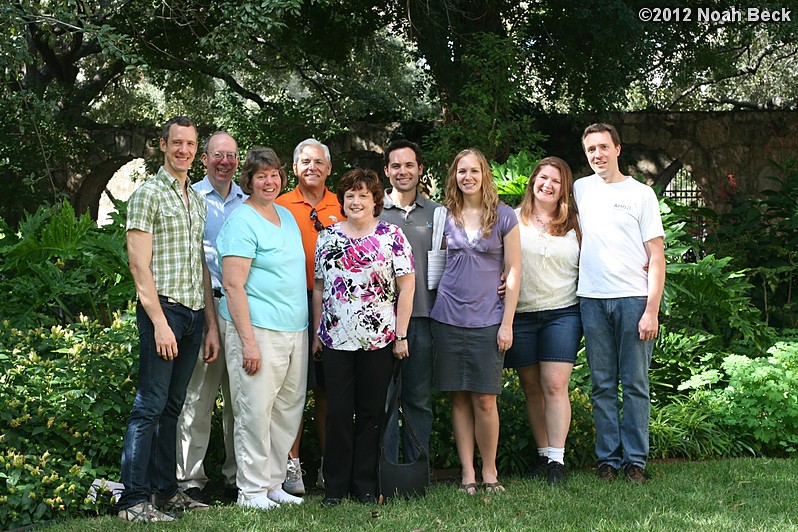 November 2, 2012: Group photo at the gardens behind the alamo.  Left to right: Gabe, Jim, Raelynn, Michael, Nancy, Mike, Anna, Rosalind, Noah