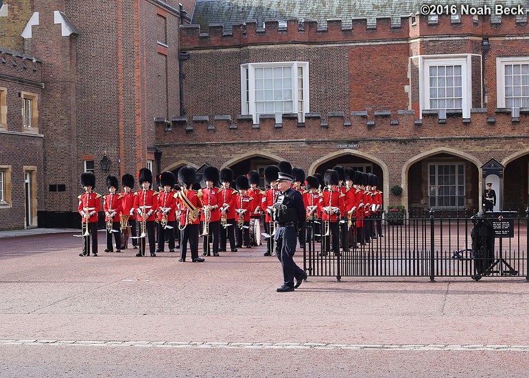 October 18, 2016: The St James&#39;s Palace detachment of the Queen&#39;s Guard preparing to march to Buckingham Palace