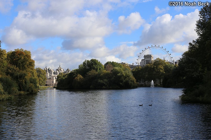 October 18, 2016: London and the London Eye from a bridge over St James&#39;s Park Lake