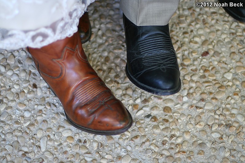 November 3, 2012: Mike and Anna wore matching cowboy boots for the San Antonio wedding reception