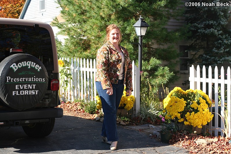 October 15, 2006: Rosalind and her Jeep by our front walkway