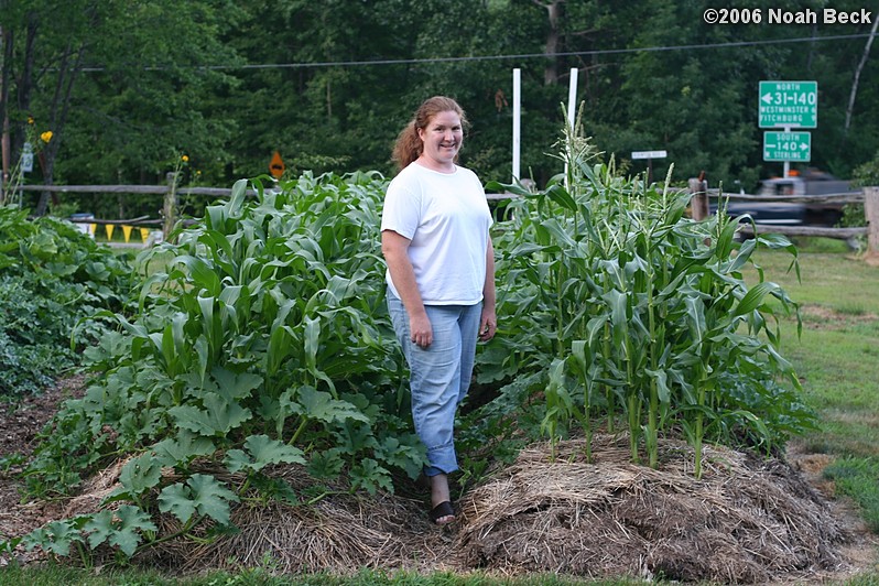 August 3, 2006: Rosalind standing between the corn beds in the first year of the vegetable garden