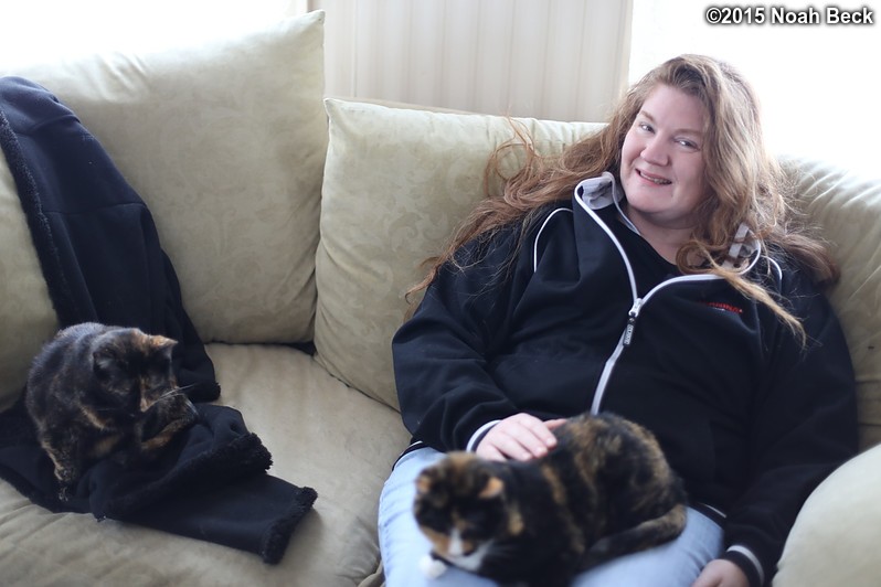 February 10, 2015: Roz with cats on the couch