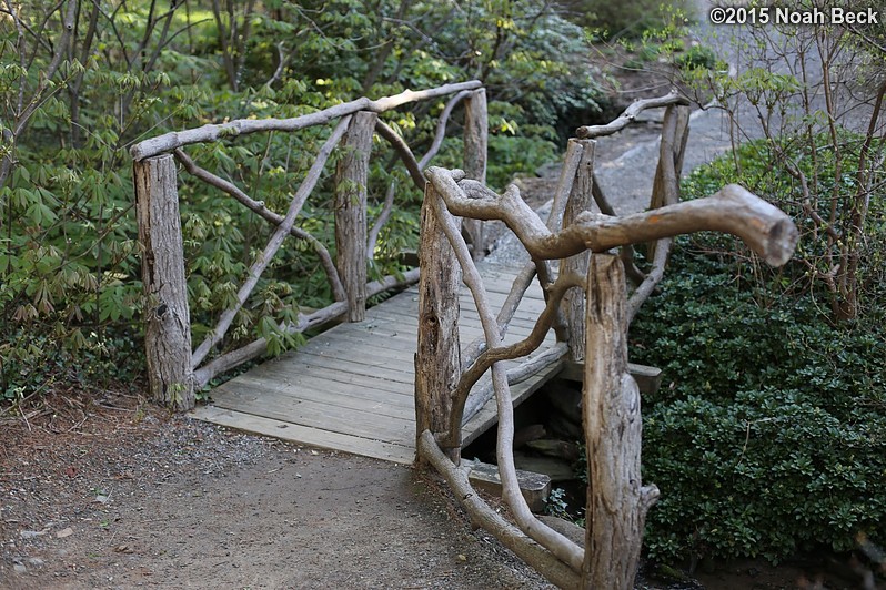 April 11, 2015: Rustic bridge in the spring garden