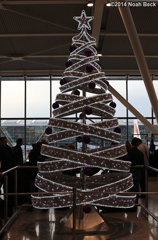 December 12, 2014: Shiny aluminum Christmas tree at the Heathrow airport