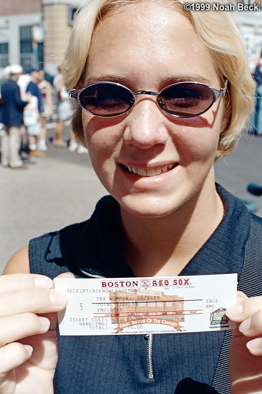 September 2, 1999: My sister holding a ticket for this afternoon&#39;s game against Kansas City.