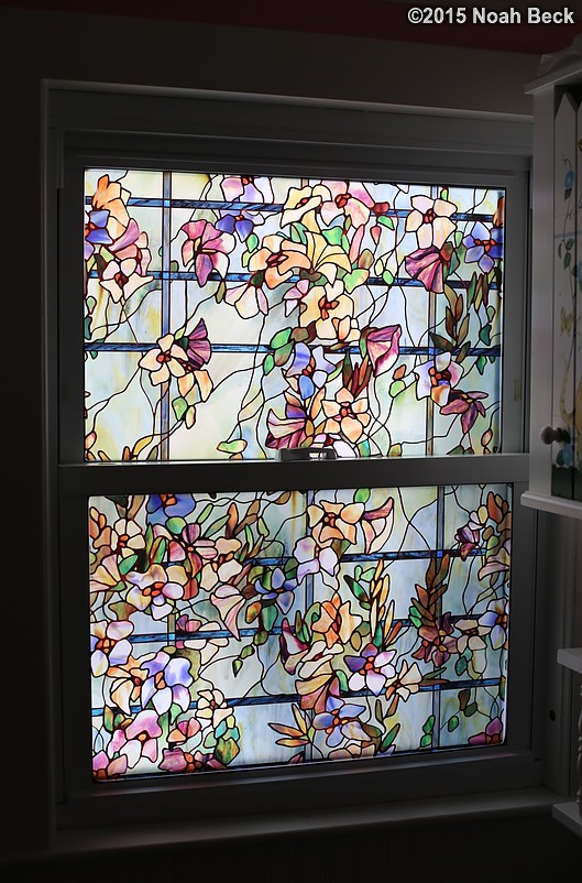 March 8, 2015: Stained glass window film installed on the bathroom window