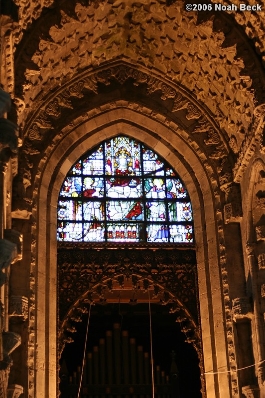 October 23, 2006: Stonework and stained glass window inside Rosslyn Chapel.
