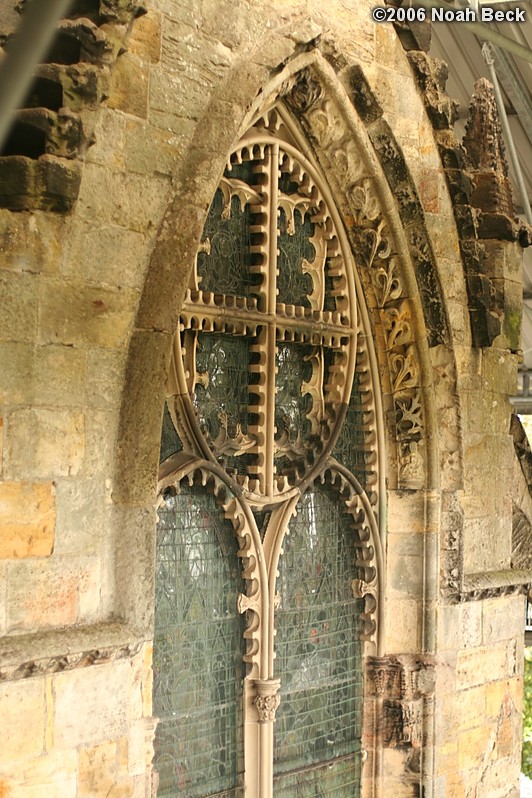 October 23, 2006: Stonework and stained glass window outside Rosslyn Chapel (taken from the scaffolding that is currently set up around the chapel as part of its restoration).