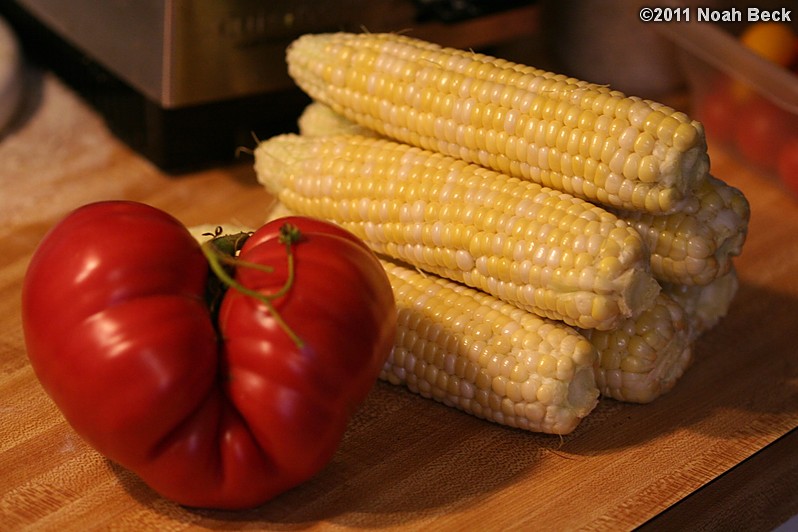 August 6, 2011: First Tomato and sweet corn (King Kool) from the garden