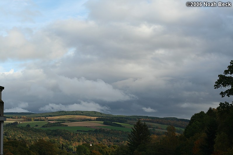 October 21, 2006: View of the clouds and hillside from the hydro-electric dam in Pitlochry.