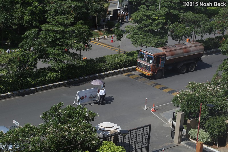 April 24, 2015: A water truck passing by the hotel.  Not all the water reaches its intended destination.