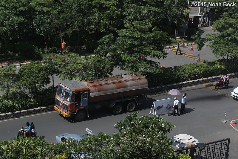 April 24, 2015: A water truck passing by the hotel.  Not all the water reaches its intended destination.