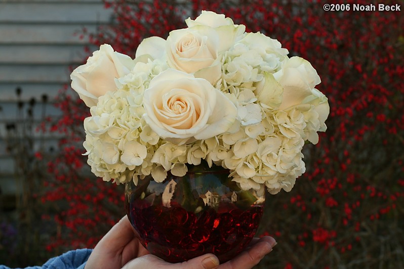 November 11, 2006: centerpiece with roses, hydrangea, and glass beads